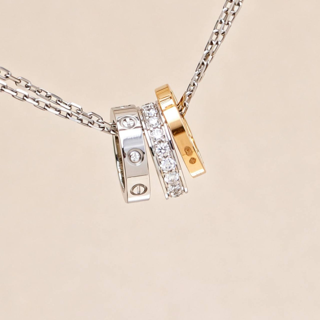 Authentic Cartier Love Necklace Three Hoop Diamond 18K Rose White Gold