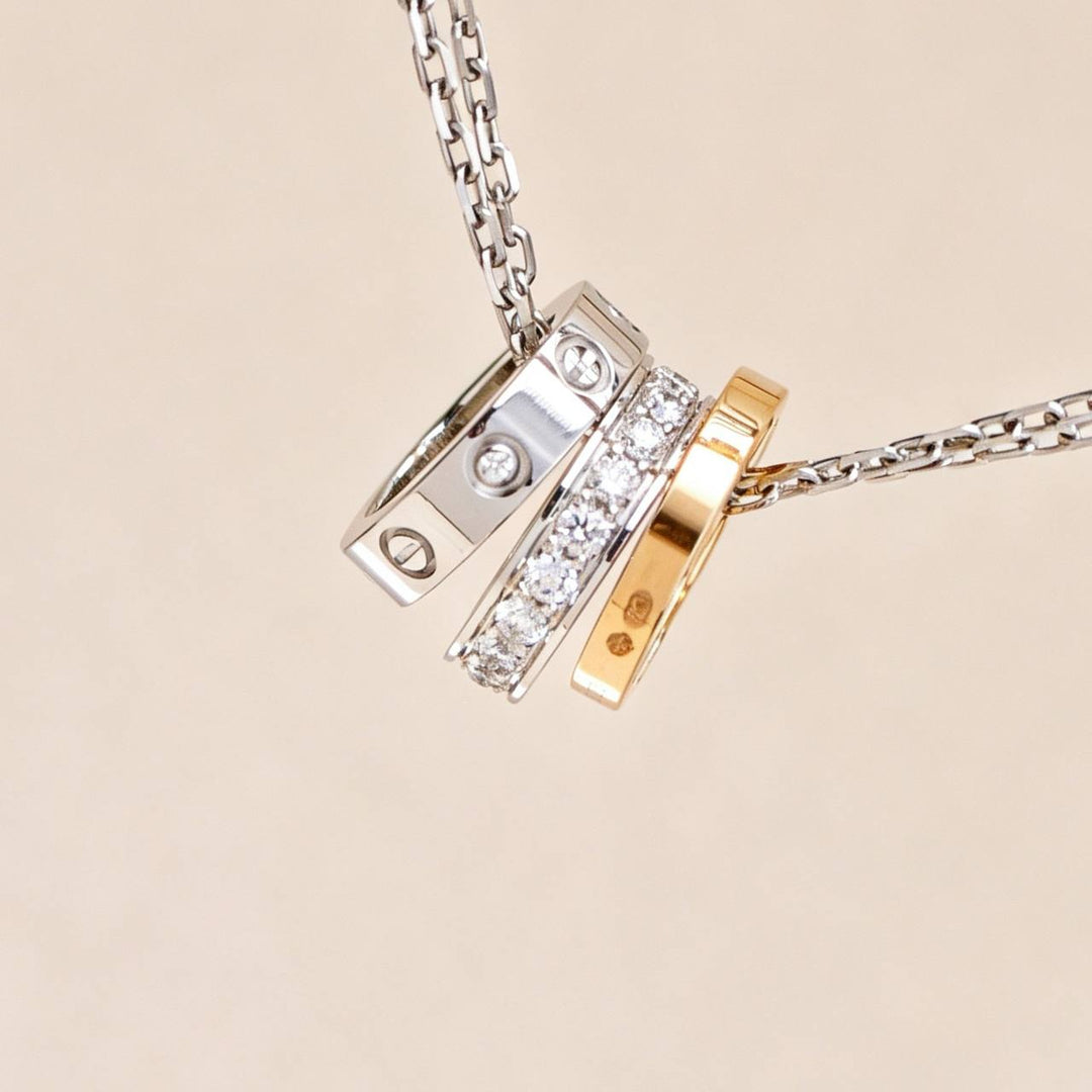 Preloved Cartier Love Necklace Three Hoop Diamond 18K Rose White Gold
