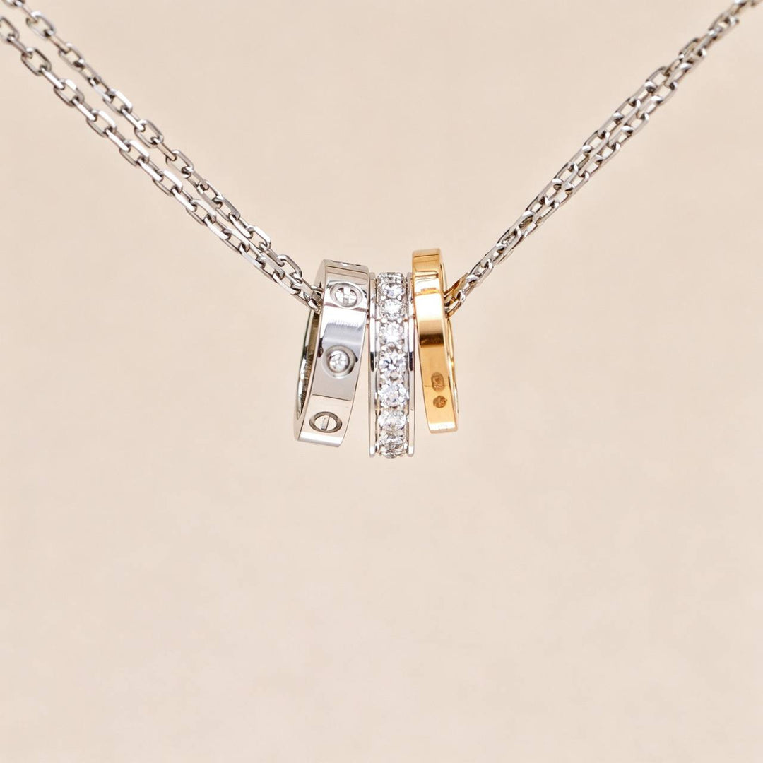Preowned Cartier Love Necklace Three Hoop Diamond 18K Rose White Gold