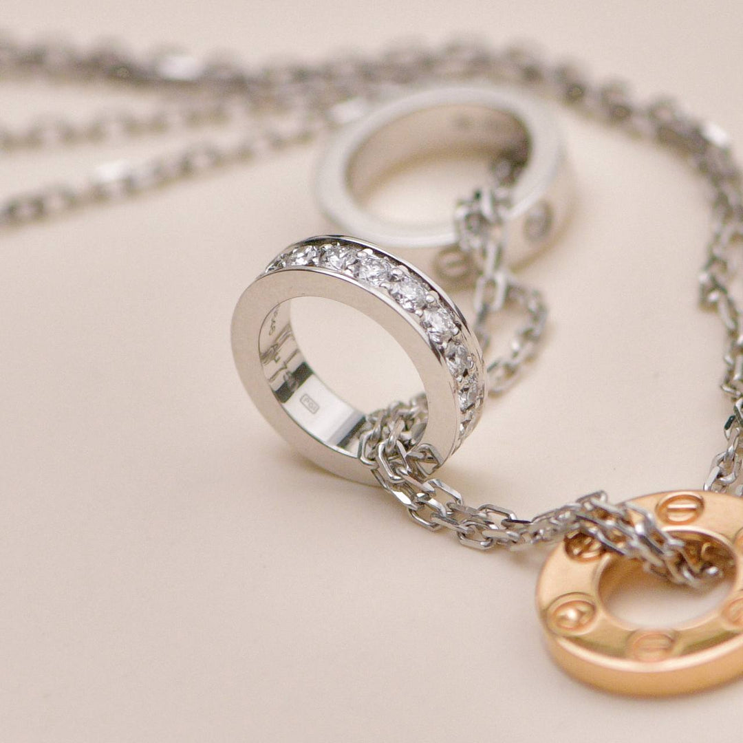 Second Hand Cartier Love Necklace Three Hoop Diamond 18K Rose White Gold