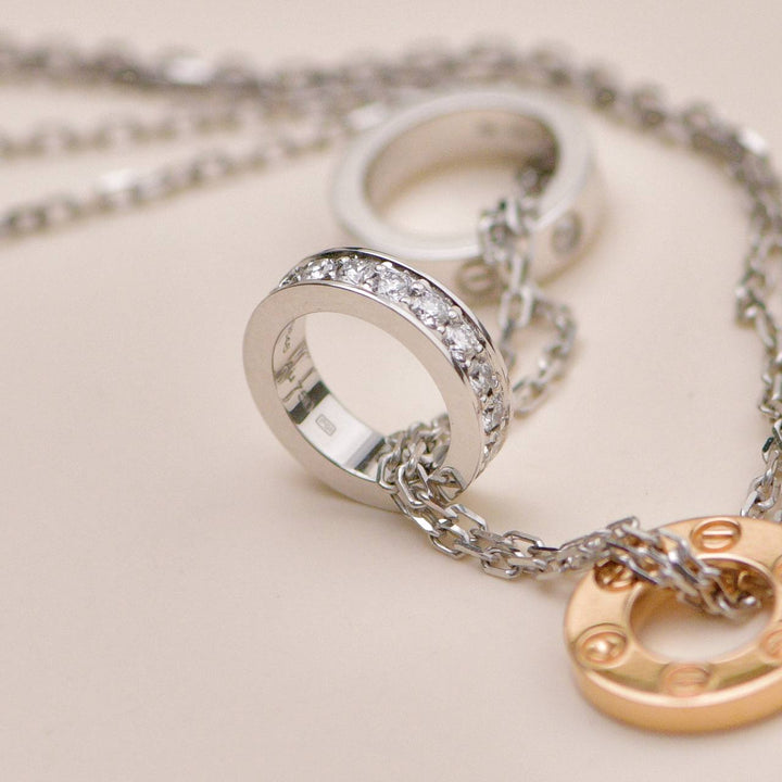 Second Hand Cartier Love Necklace Three Hoop Diamond 18K Rose White Gold