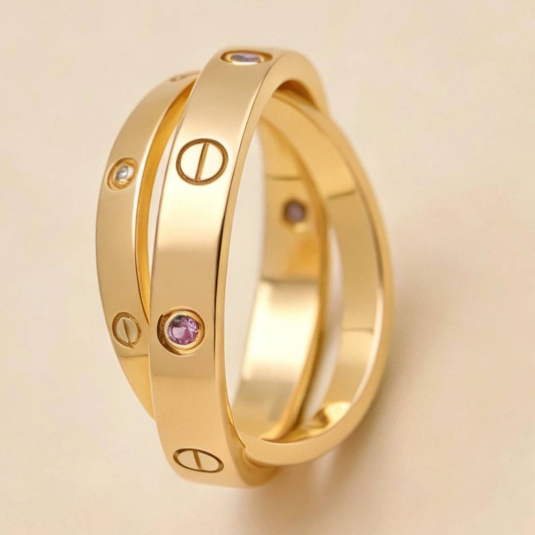 Second Hand Authentic Cartier Love Double Ring Diamond Pink Sapphire 18K Rose Gold Size 54