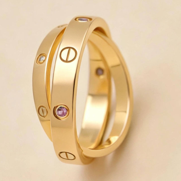 Second Hand Authentic Cartier Love Double Ring Diamond Pink Sapphire 18K Rose Gold Size 54