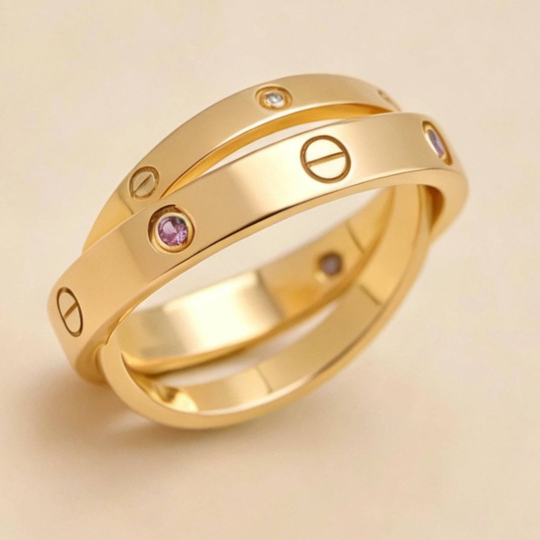 Authentic Cartier Love Double Ring Diamond Pink Sapphire 18K Rose Gold Size 54