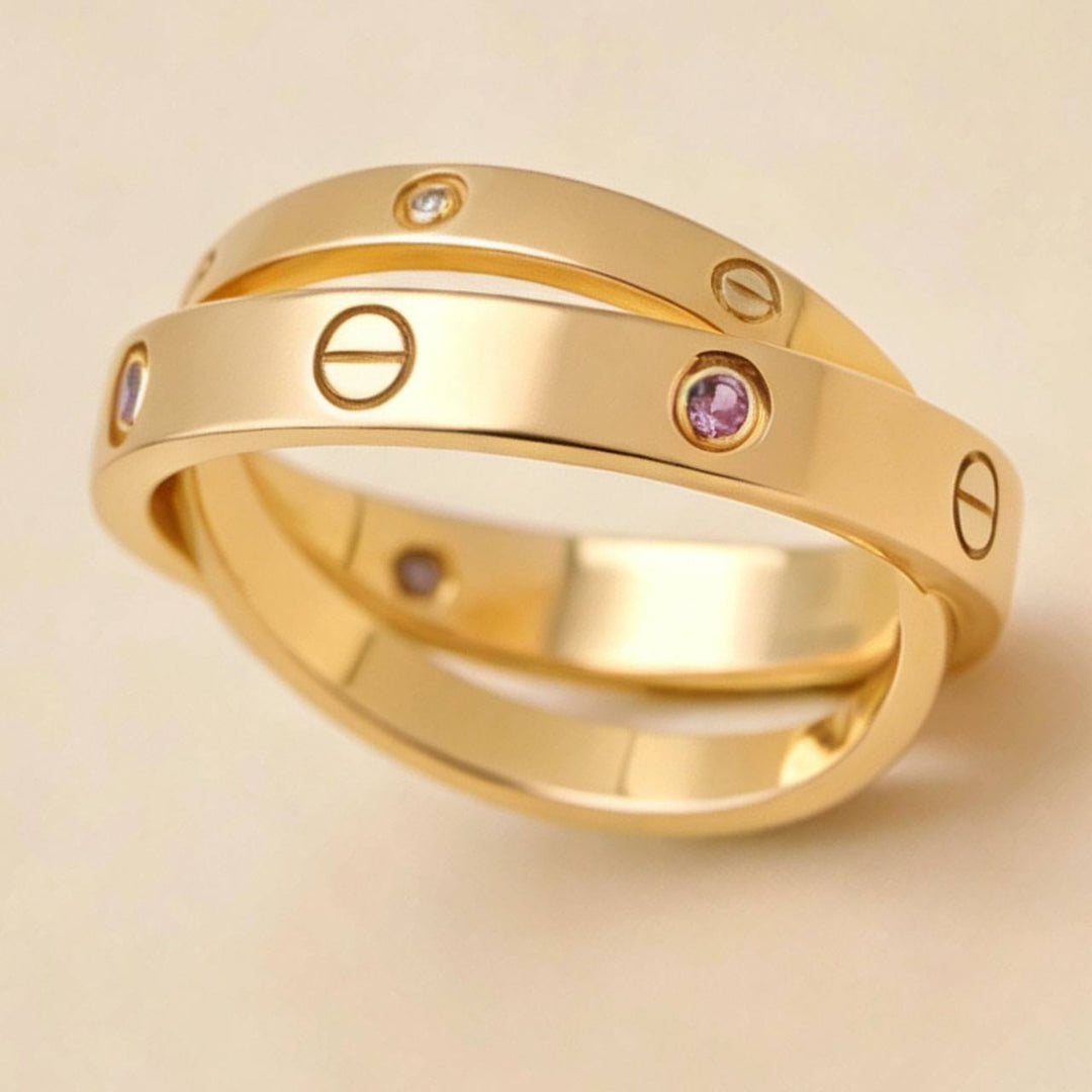 Preloved Authentic Cartier Love Double Ring Diamond Pink Sapphire 18K Rose Gold 