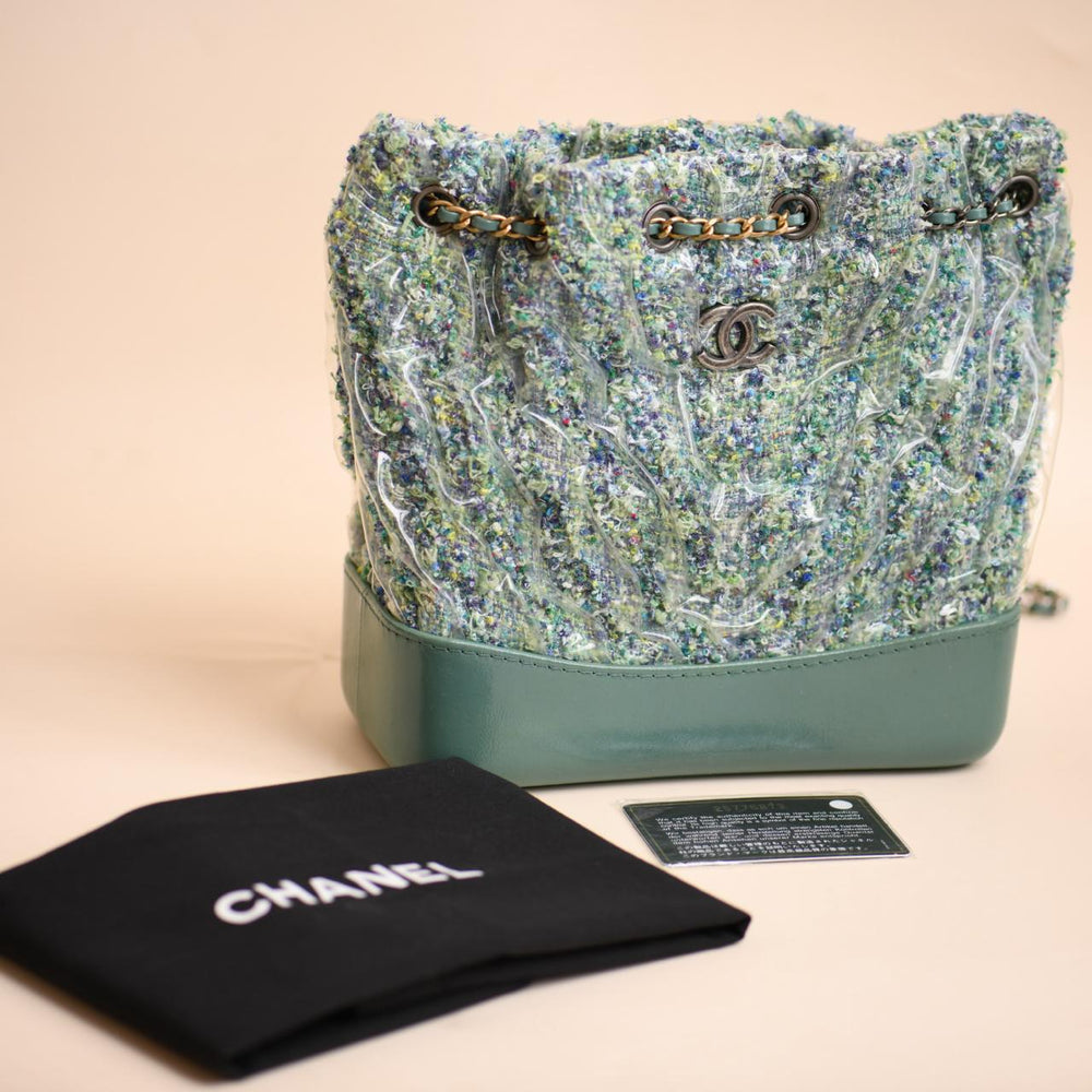 Preowned Authentic Chanel Gabrielle Backpack Green Tweed Calfskin Quilted
