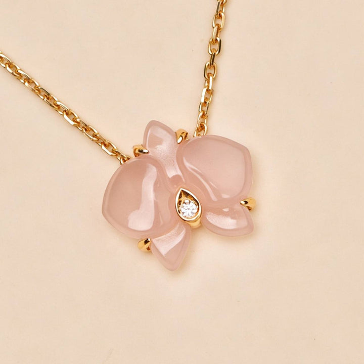 Authentic Cartier Caresse d'Orchidees Diamond Pink Chalcedony Necklace
