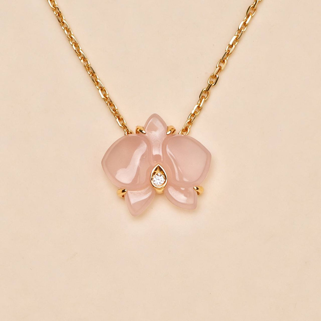 Authentic Preloved Cartier Caresse d'Orchidees Diamond Pink Chalcedony Pendant Necklace