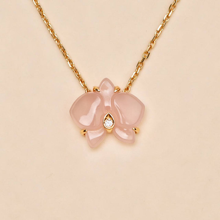 Authentic Preloved Cartier Caresse d'Orchidees Diamond Pink Chalcedony Pendant Necklace