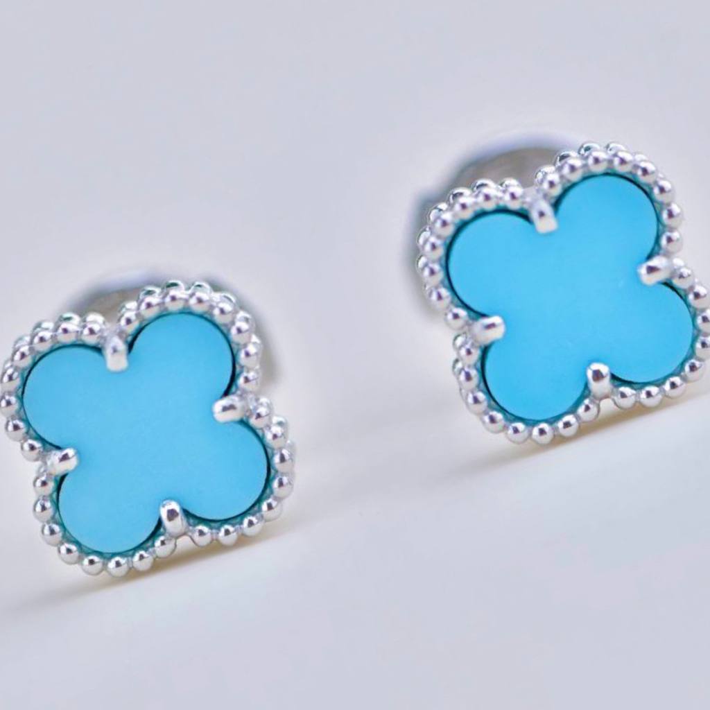 Preowned Authentic Van Cleef Sweet Alhambra Earrings Turquoise 18K White Gold