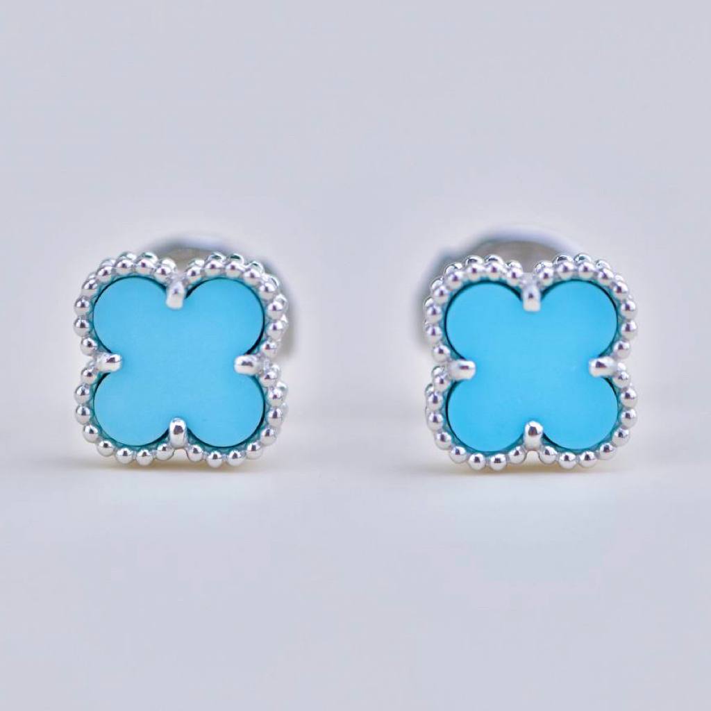 Preloved Authentic VCA Sweet Alhambra Earrings Turquoise 18K White Gold