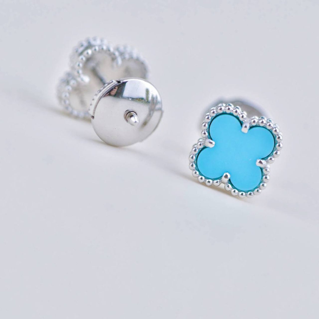 Preowned Authentic VCA Sweet Alhambra Earrings Turquoise 18K White Gold