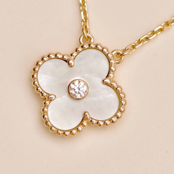 Preowned Authentic Van Cleef Alhambra 2012 Holiday Necklace Diamond Mother of Pearl