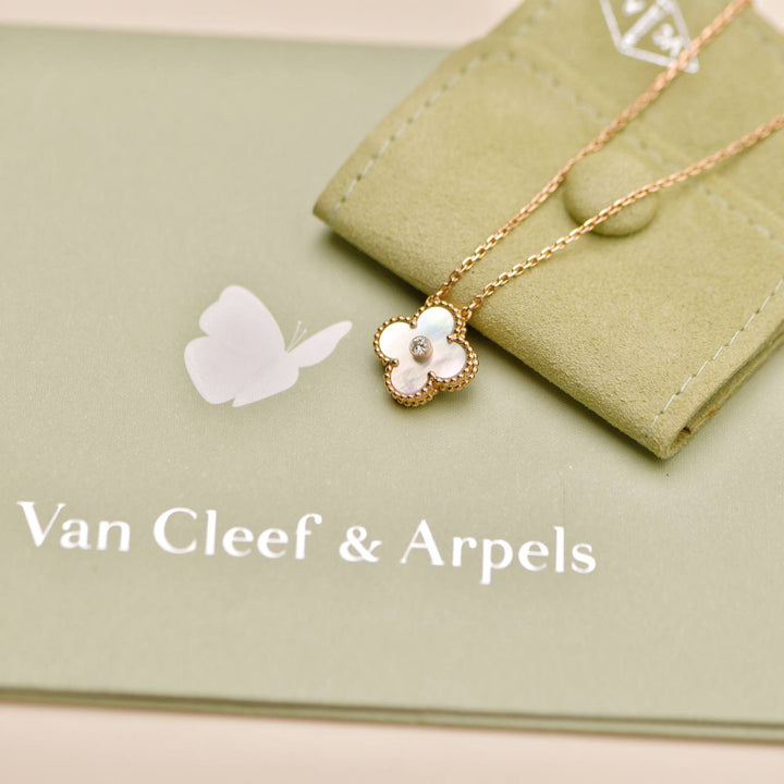 Preowned Authentic Van Cleef & Arpels Alhambra 2012 Holiday Necklace Diamond Mother of Pearl