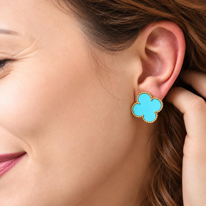 Used Authentic Van Cleef & Arpels Magic Alhambra Turquoise Earrings 18K Yellow Gold