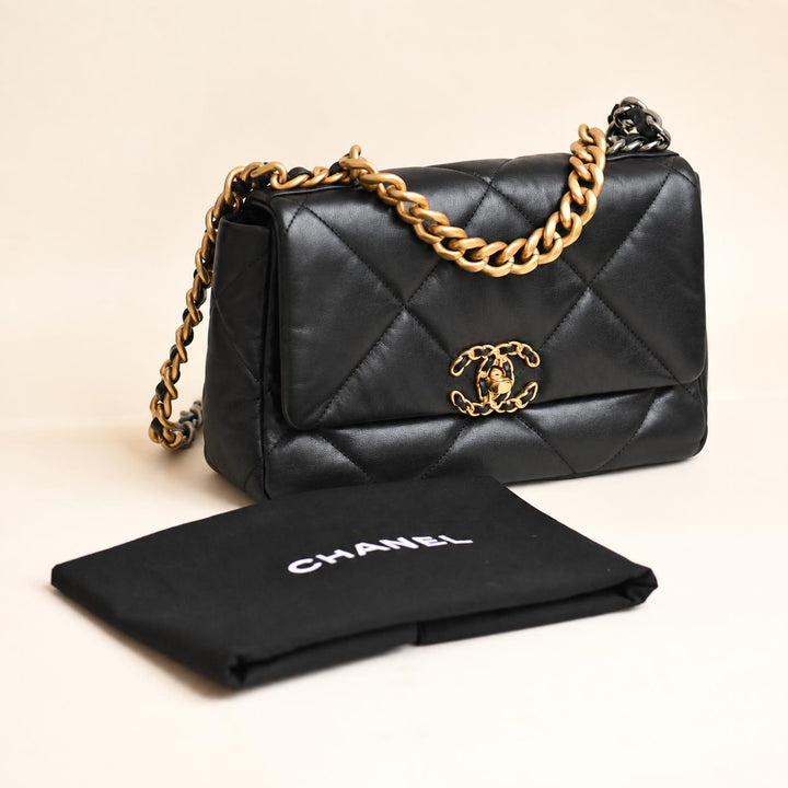Chanel 19 Small Handbag Black Shiny Goatskin Mixed Hardware