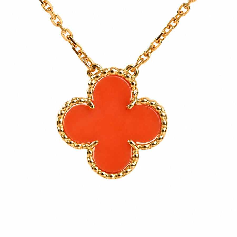 Preowned Authentic Van Cleef & Arpels Vintage Alhambra Coral Pendant Necklace 18K Yellow Gold