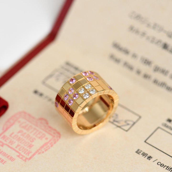 Authentic Cartier Lanieres Ring Diamond Pink Sapphire 18K Yellow Gold Size 54
