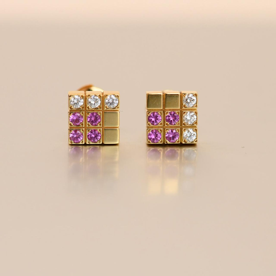 Authentic Cartier Lanieres Earrings Diamond Pink Sapphire 18K Yellow Gold