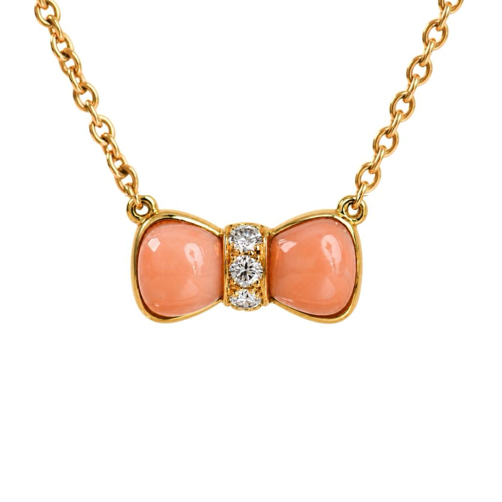 Preloved Authentic Van Cleef & Arpels Coral & Diamond Bow Pendant Necklace 18K Yellow Gold