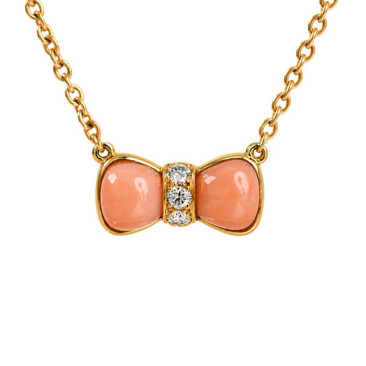 Preloved Authentic Van Cleef & Arpels Coral & Diamond Bow Pendant Necklace 18K Yellow Gold