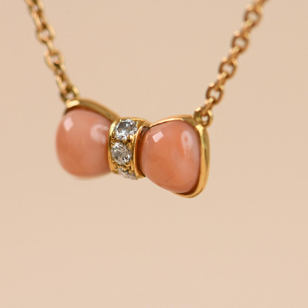 Authentic Preowned Van Cleef & Arpels Coral & Diamond Bow Pendant Necklace 18K Yellow Gold
