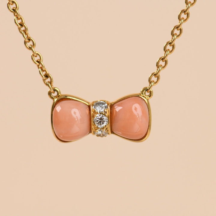 Authentic Preloved Van Cleef & Arpels Coral & Diamond Bow Pendant Necklace 18K Yellow Gold