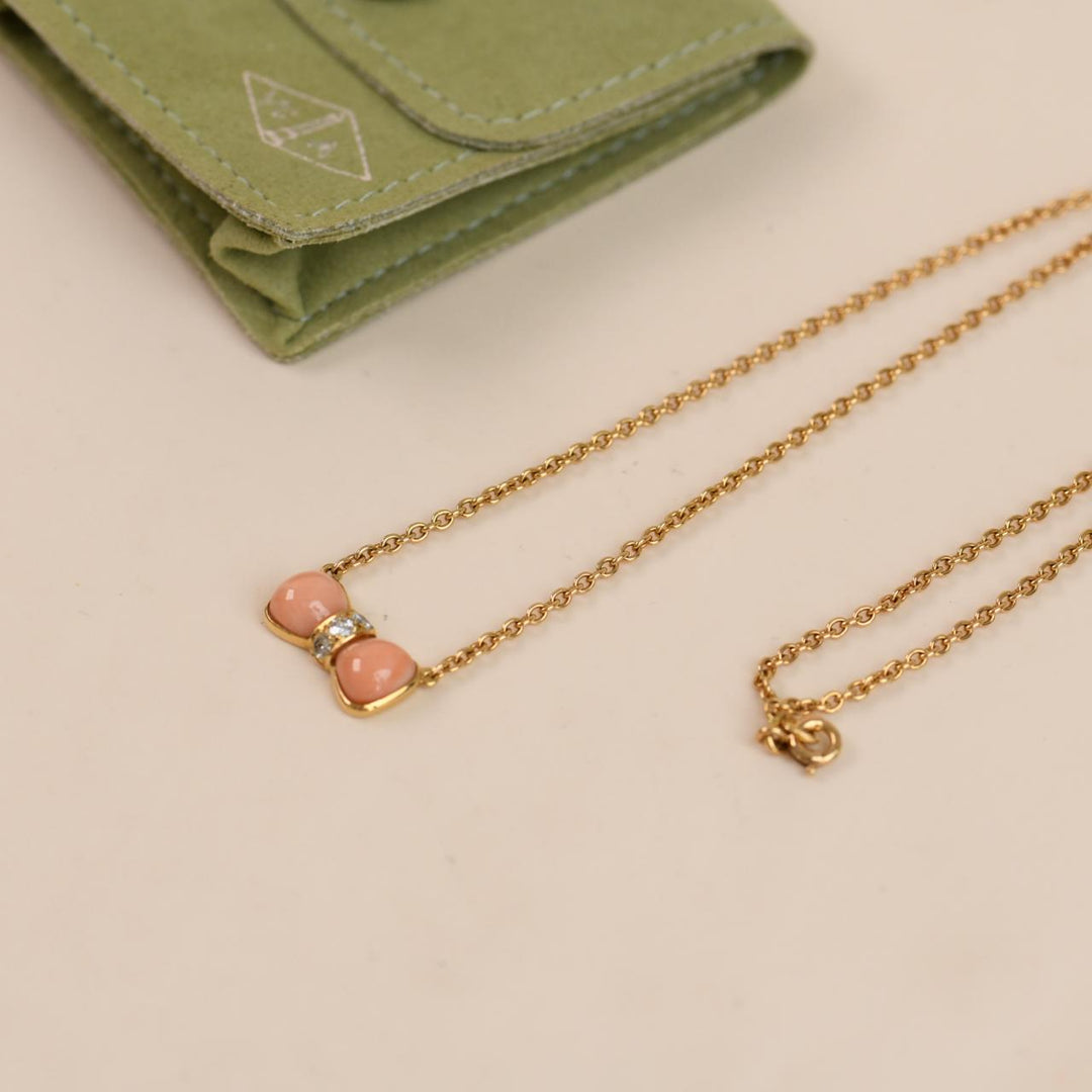 Authentic Van Cleef & Arpels Coral & Diamond Bow Pendant Necklace 18K Yellow Gold