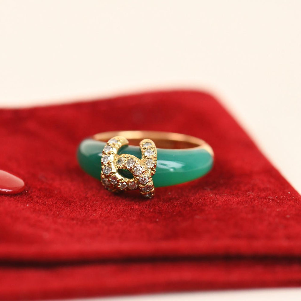 Preowned Authentic Cartier C de Cartier Ring Diamond Green Chalcedony 18K Yellow Gold Size 52