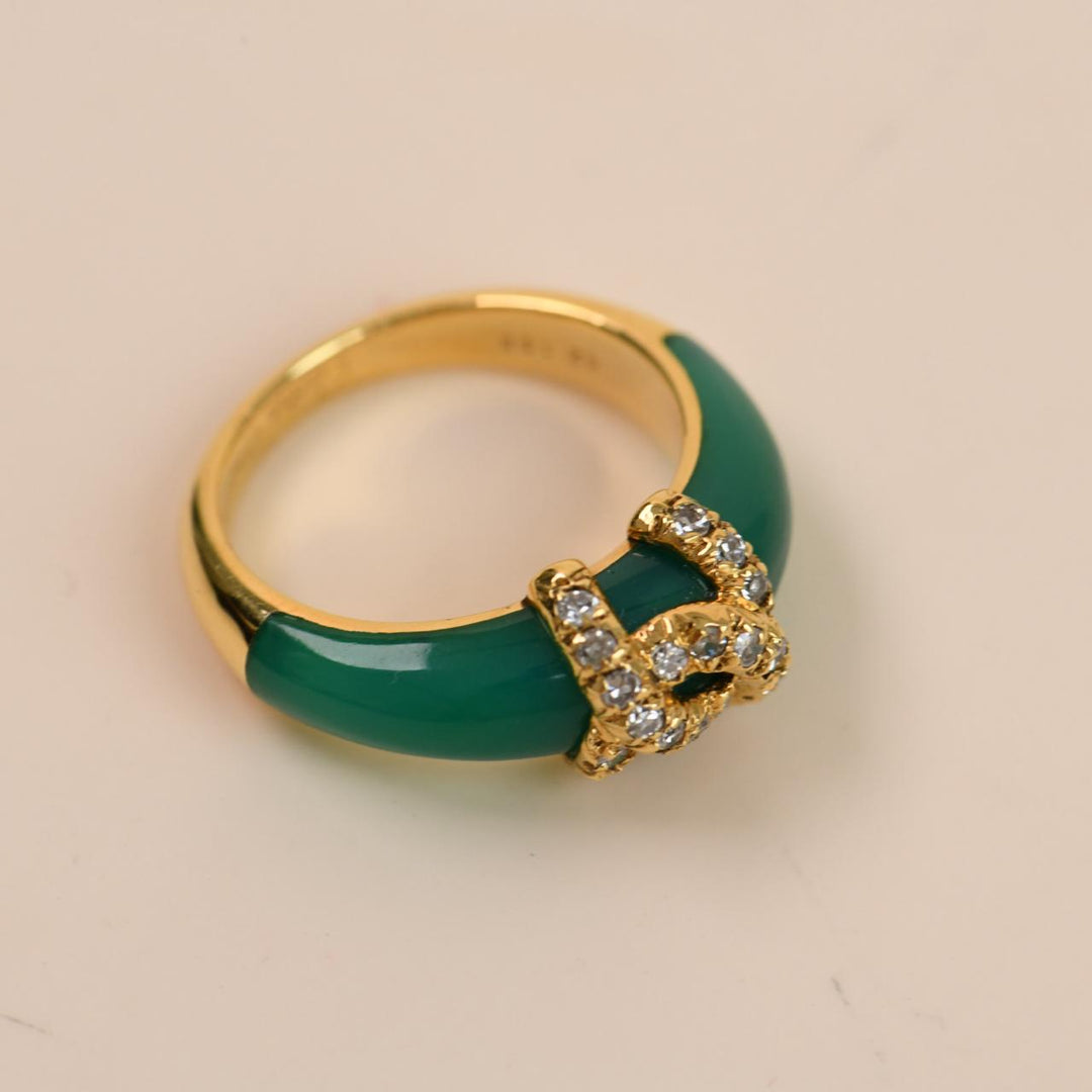Authentic Cartier C de Cartier Ring Diamond Green Chalcedony 18K Yellow Gold 