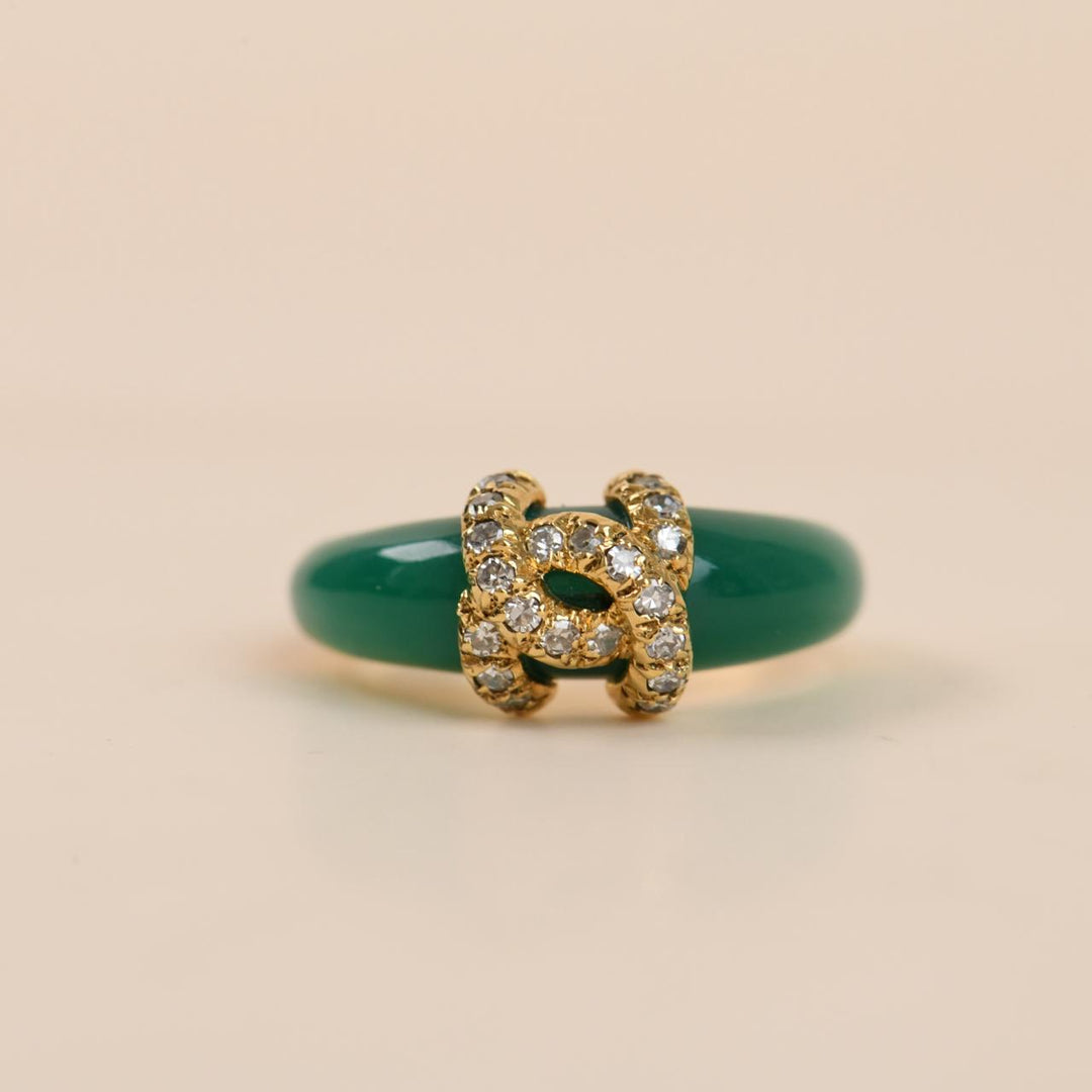 Preowned Cartier C de Cartier Ring Diamond Green Chalcedony 18K Yellow Gold 