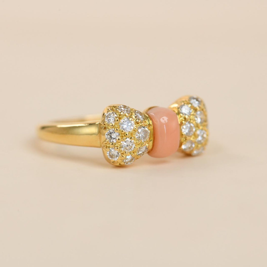 Preowned Authentic Van Cleef Coral Diamond Bow Ring 18K Yellow Gold 