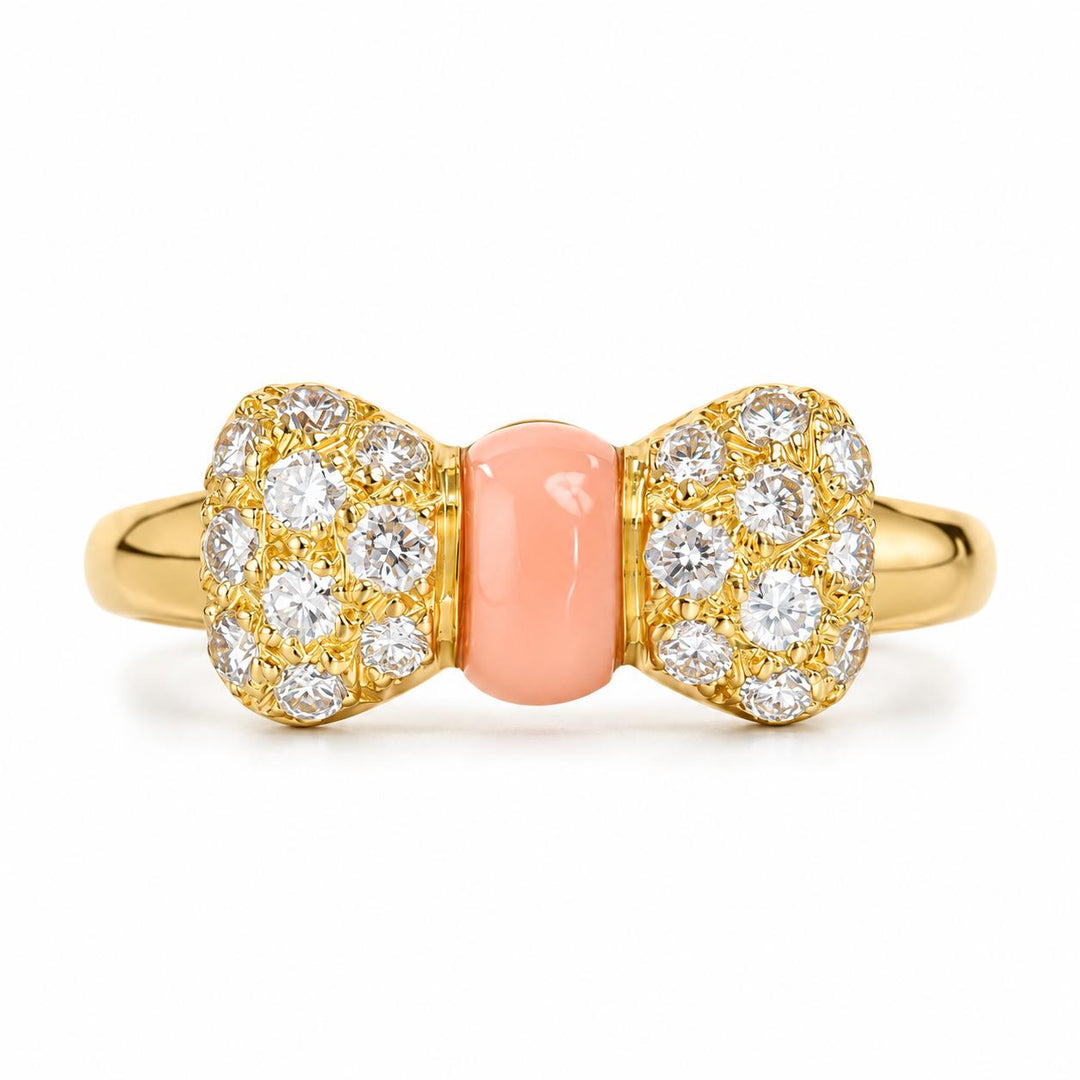 Preloved Authentic Van Cleef & Arpels Coral Diamond Bow Ring 18K Yellow Gold Size 50