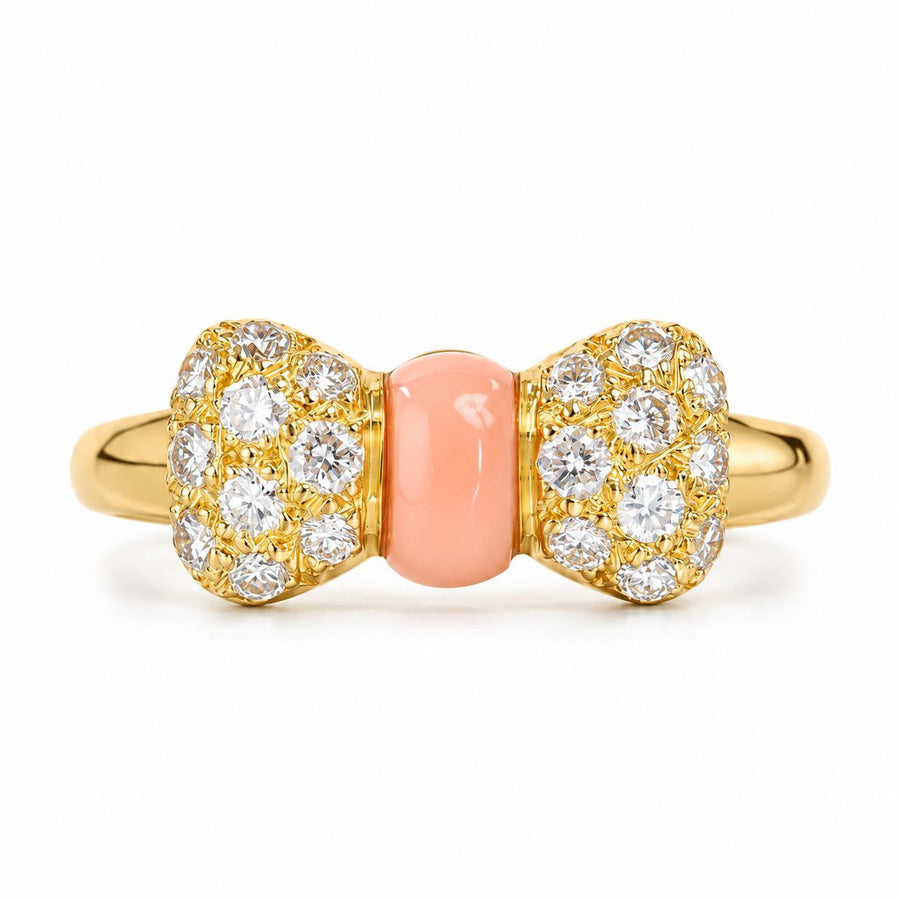Preloved Authentic Van Cleef & Arpels Coral Diamond Bow Ring 18K Yellow Gold Size 50