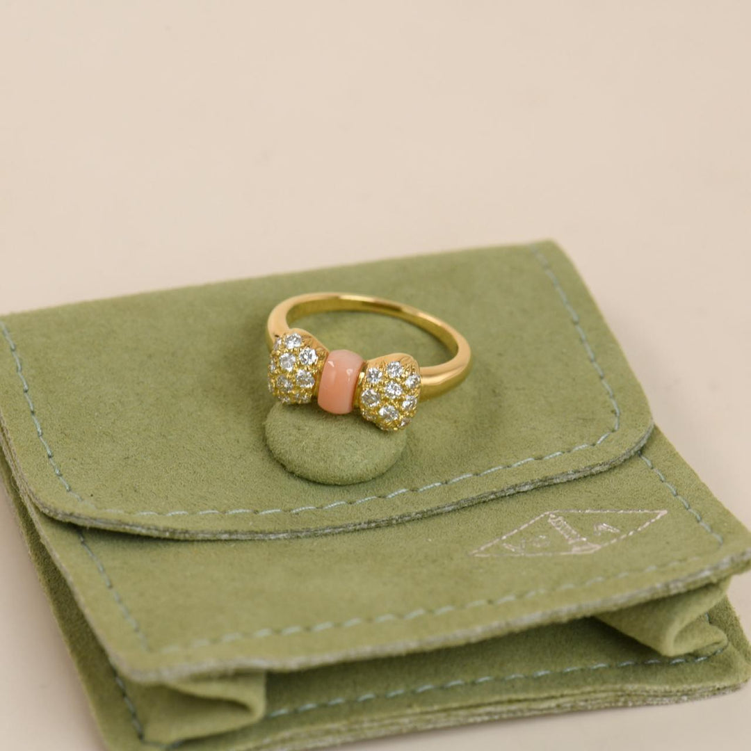 Preowned Authentic Van Cleef & Arpels Coral Diamond Bow Ring 18K Yellow Gold Size 50