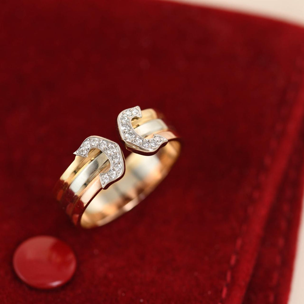 Preowned Authentic Cartier C de Cartier Ring Diamonds 18K Three tone Gold Size 55