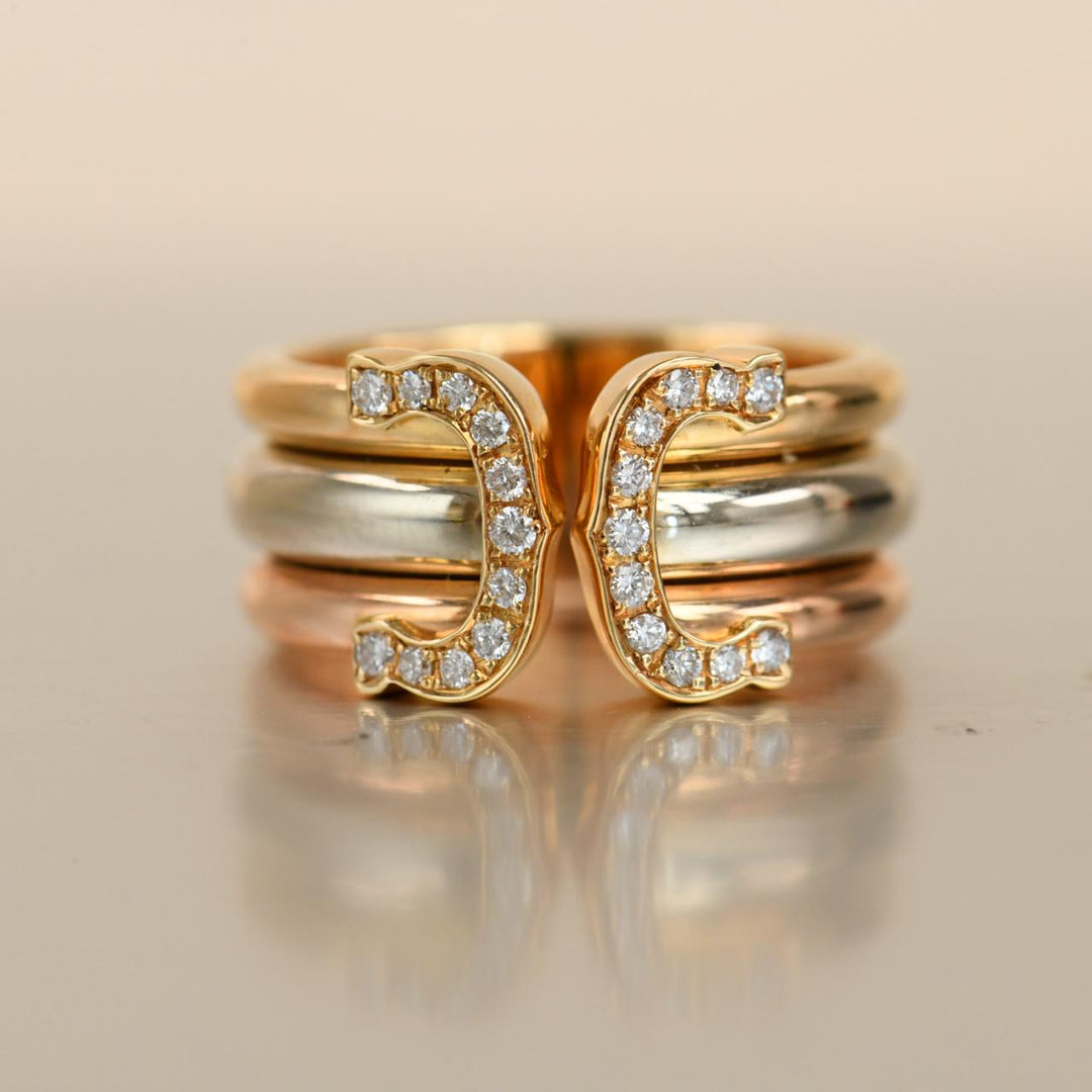 Authentic Cartier C de Cartier Diamond Ring 18K Three tone Gold