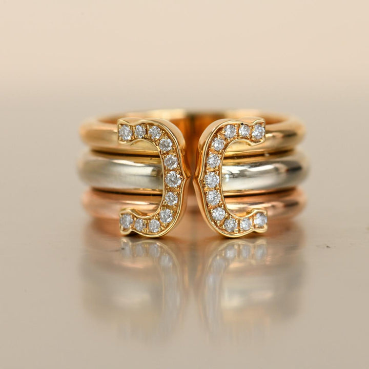 Authentic Cartier C de Cartier Diamond Ring 18K Three tone Gold