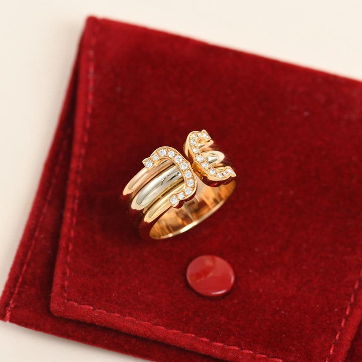 Preowned Authentic Cartier C de Cartier Diamond Ring 18K Three tone Gold Size 53