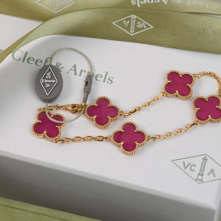 Brand New Authentic VCA Vintage Alhambra 5 Motif Bracelet Enamel 18K Yellow Gold