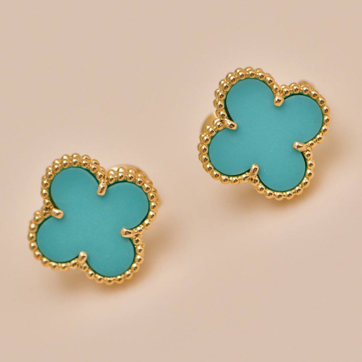 Preloved Authentic VCA Vintage Alhambra Earrings Turquoise 18K Yellow Gold