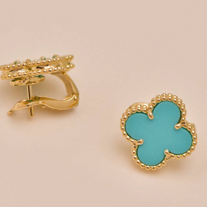 Second Hand Authentic VCA Vintage Alhambra Earrings Turquoise 18K Yellow Gold