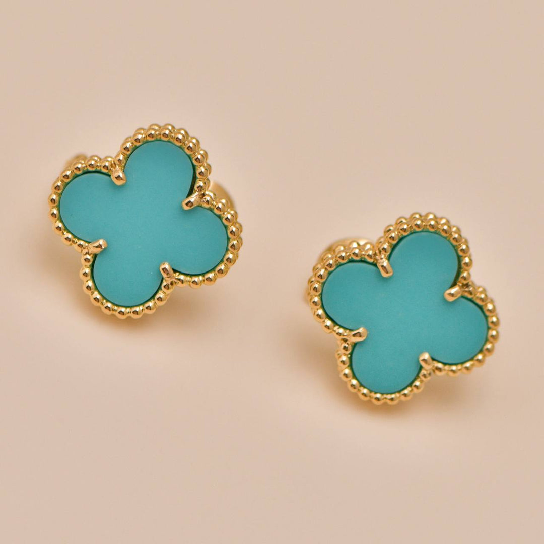 Authentic VCA Vintage Alhambra Earrings Turquoise 18K Yellow Gold
