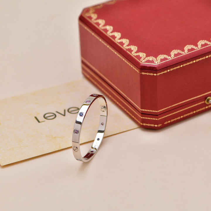 Preowned Authentic Cartier Love Bracelet Multi Gem 18K White Gold Size 17