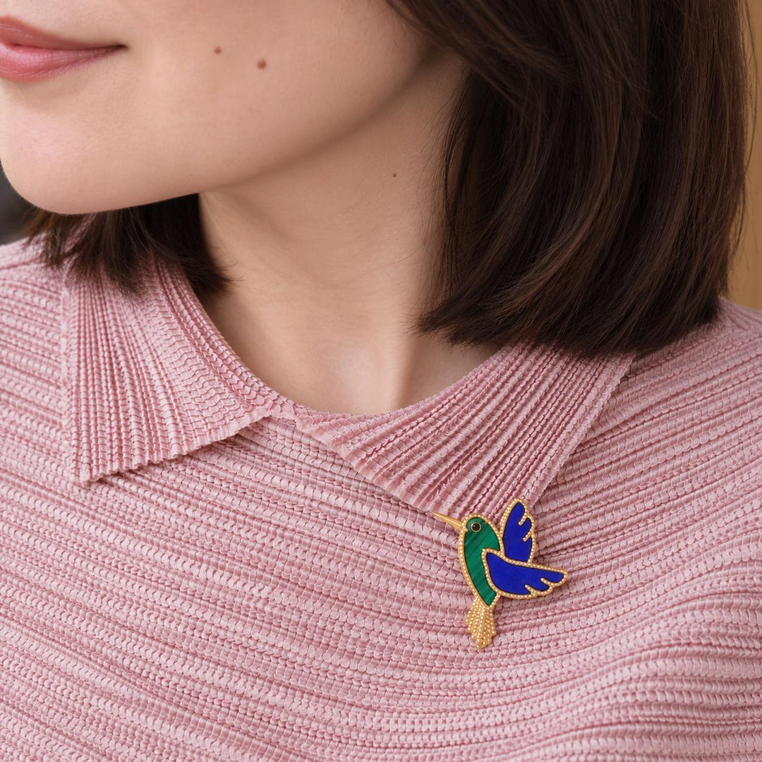 Preowned VCA Lucky Animals Lapis Malachite Humming Bird 18K Yellow Gold Brooch