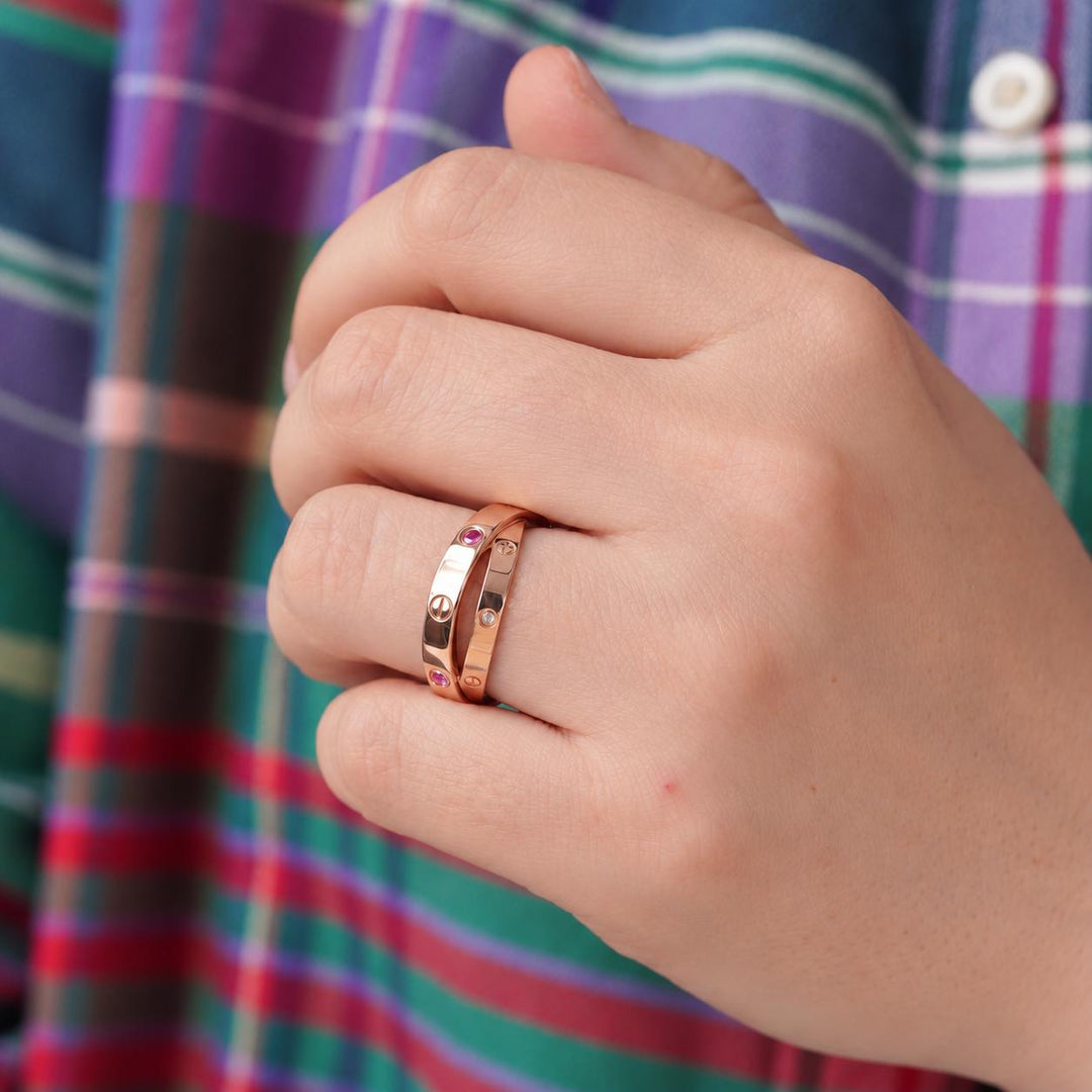 Second Hand Authentic Cartier Love Double Ring Diamond Pink Sapphire 18K Rose Gold Size 54