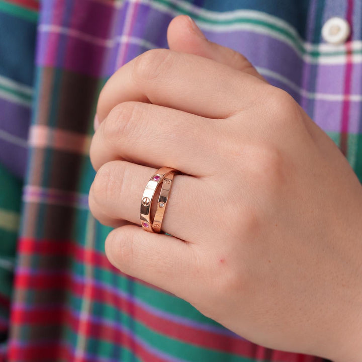 Second Hand Authentic Cartier Love Double Ring Diamond Pink Sapphire 18K Rose Gold Size 54