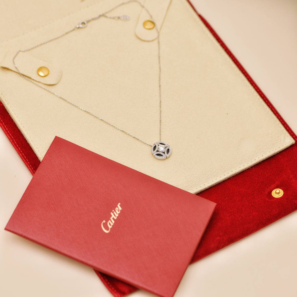 Preowned Authentic Cartier Galanterie Diamond Black Lacquer Necklace 18K White Gold