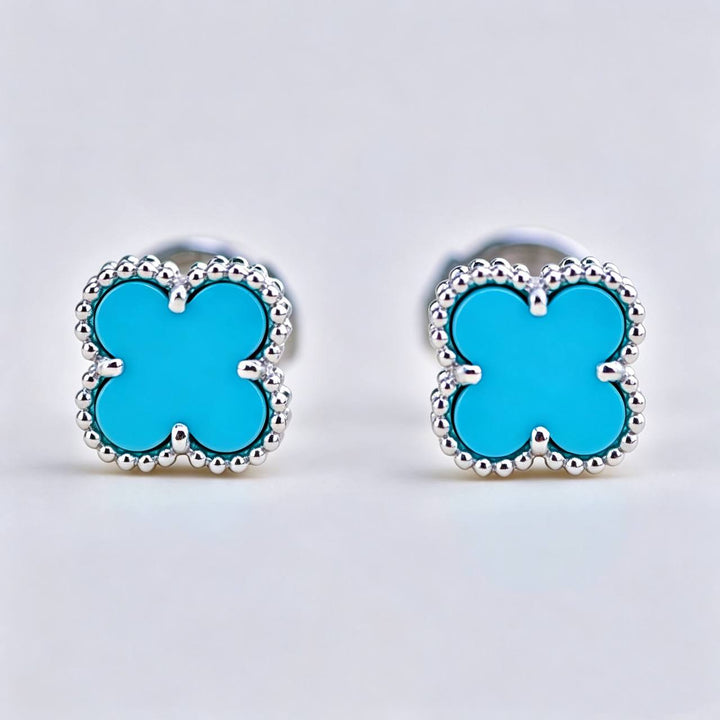 Authentic VCA Sweet Alhambra Earrings Turquoise 18K White Gold