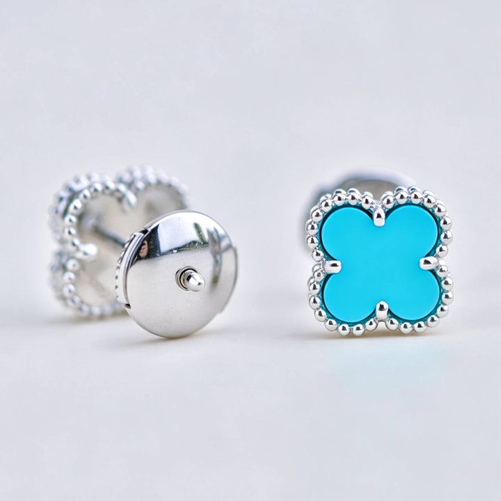 Preloved Authentic VCA Sweet Alhambra Earrings Turquoise 18K White Gold